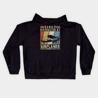 Easily Distracted By Airplanes Retro Airplane Funny Pilot Kids Hoodie